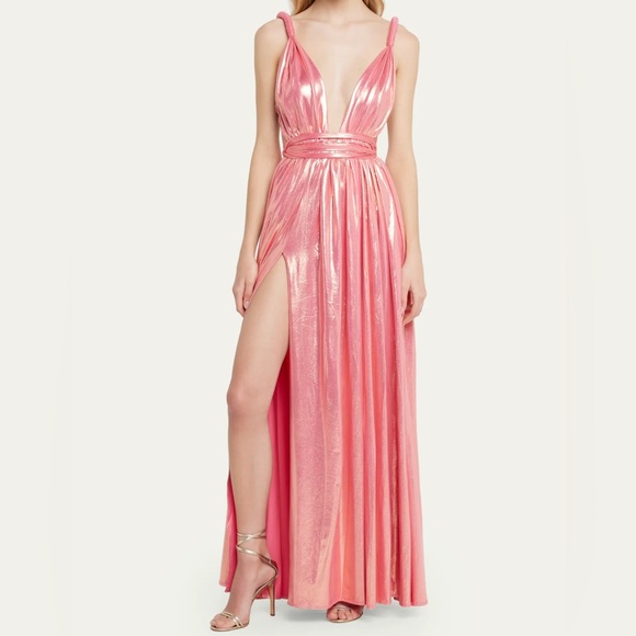 NWT Bronx and Banco Runway Goddess Metallic Deep V-Neck Gown Pink sz M - Picture 9 of 13